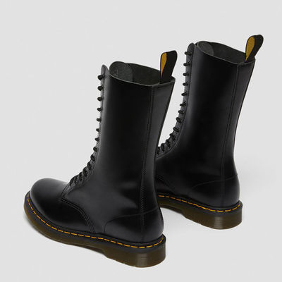 Botas redondas de dedo feminino de couro preto Botas de estilo militar para lazer / negócios