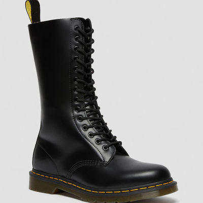 Botas redondas de dedo feminino de couro preto Botas de estilo militar para lazer / negócios