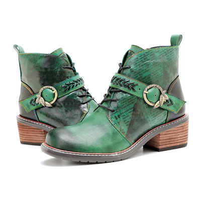 Estilo Retro Casual Botas de couro femininas Salto baixo dedo redondo