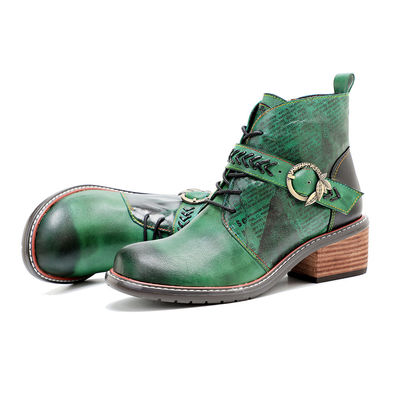 Estilo Retro Casual Botas de couro femininas Salto baixo dedo redondo