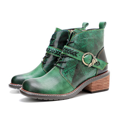 Estilo Retro Casual Botas de couro femininas Salto baixo dedo redondo