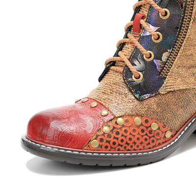Botas de couro castanhas para mulheres de salto baixo Botas de tornozelo de cordel para mulheres