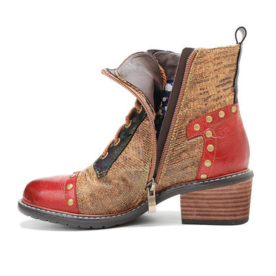 Botas de couro castanhas para mulheres de salto baixo Botas de tornozelo de cordel para mulheres