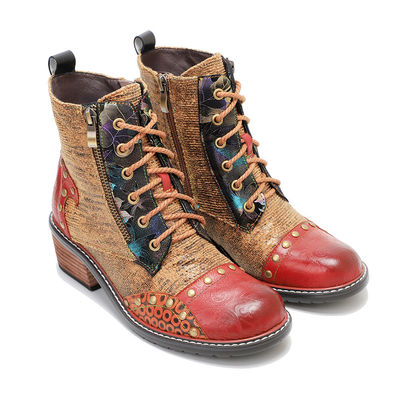 Botas de couro castanhas para mulheres de salto baixo Botas de tornozelo de cordel para mulheres