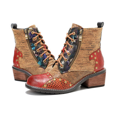 Botas de couro castanhas para mulheres de salto baixo Botas de tornozelo de cordel para mulheres
