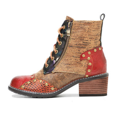 Botas de couro castanhas para mulheres de salto baixo Botas de tornozelo de cordel para mulheres