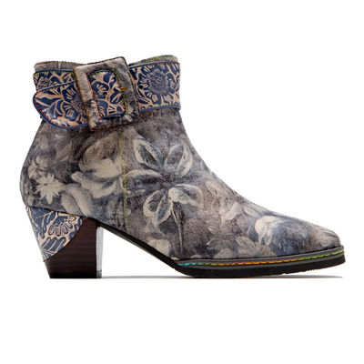 Botas de cowgirl floral de couro genuíno Botas de tornozelo de pés quadrados femininas