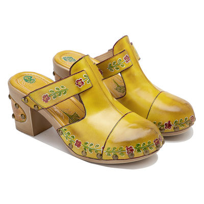 Moda Amarela Sandálias Femininas Floral T-Strap Ladies Leather Clogs Sandálias