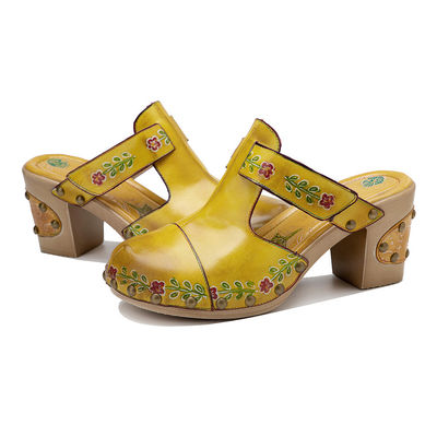 Moda Amarela Sandálias Femininas Floral T-Strap Ladies Leather Clogs Sandálias