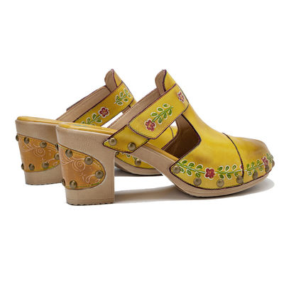 Moda Amarela Sandálias Femininas Floral T-Strap Ladies Leather Clogs Sandálias