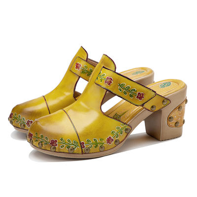 Moda Amarela Sandálias Femininas Floral T-Strap Ladies Leather Clogs Sandálias