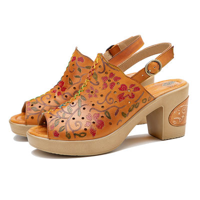 Moda Bohemian Sandálias Femininas de Couro Laranja Bloco Sandálias de Salto