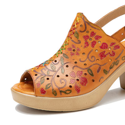Moda Bohemian Sandálias Femininas de Couro Laranja Bloco Sandálias de Salto