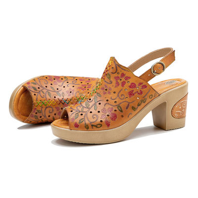 Moda Bohemian Sandálias Femininas de Couro Laranja Bloco Sandálias de Salto