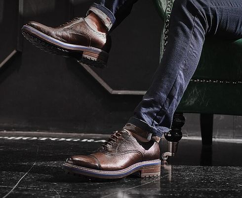 Calçados de couro masculino tecido calçados de couro elegante Goodyear calçados com duas pontas
