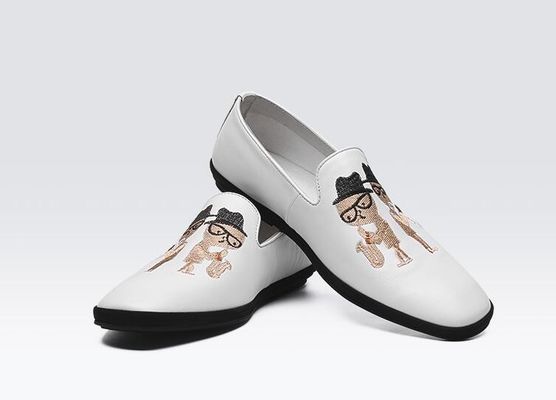 Loafers de couro macio e plano pintados à mão, impressos, Loafers de padrão masculino
