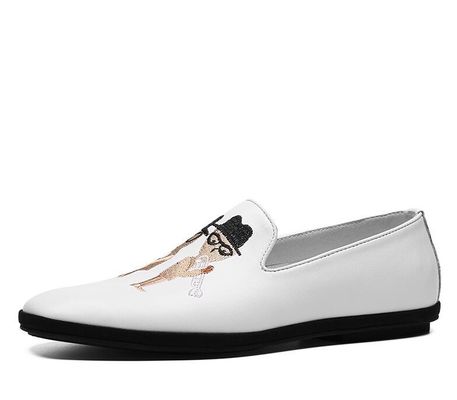 Loafers de couro macio e plano pintados à mão, impressos, Loafers de padrão masculino