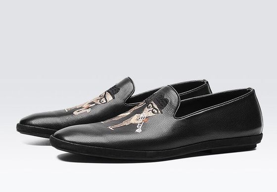 Loafers de couro macio e plano pintados à mão, impressos, Loafers de padrão masculino