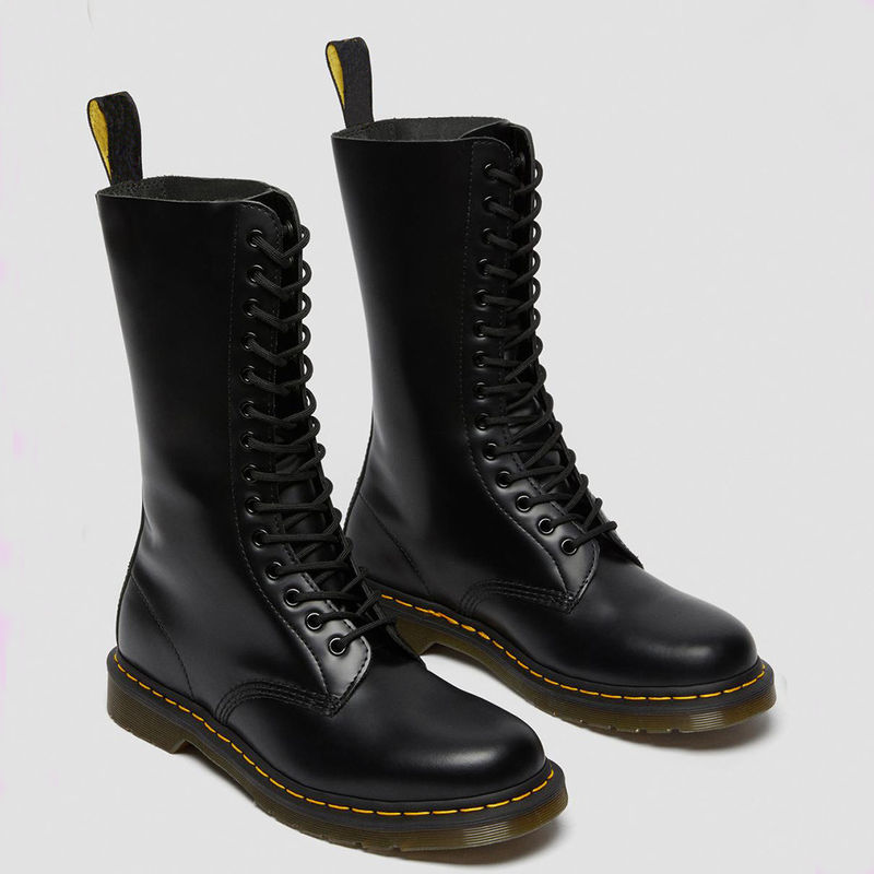 Botas redondas de dedo feminino de couro preto Botas de estilo militar para lazer / negócios
